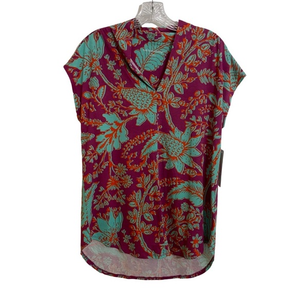 Soft Surroundings NWT Short Sleeve Top, Coral & Turquise Floral Tropical - Picture 1 of 6